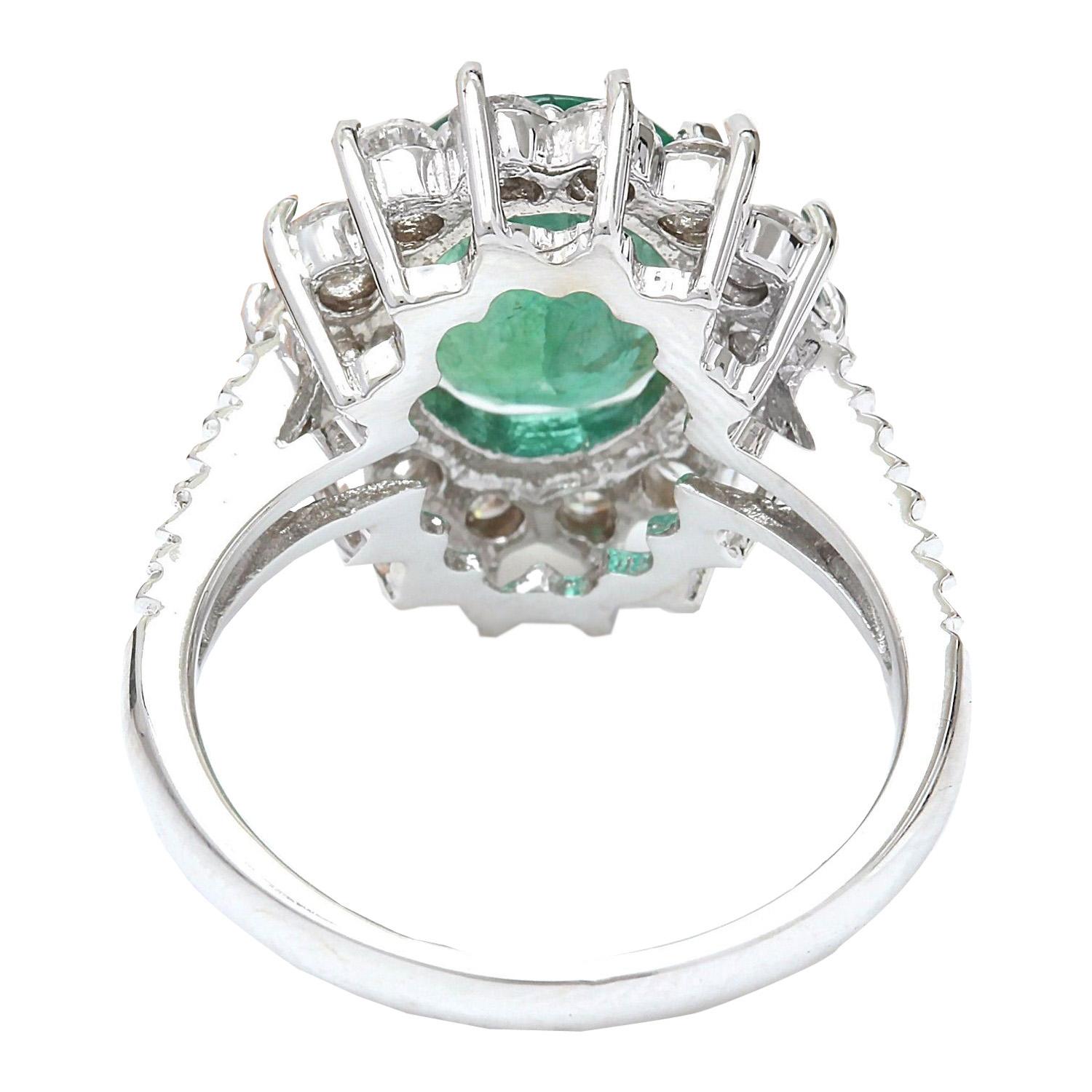 Oval Cut Emerald Diamond Ring In 14 Karat Solid White Gold  For Sale