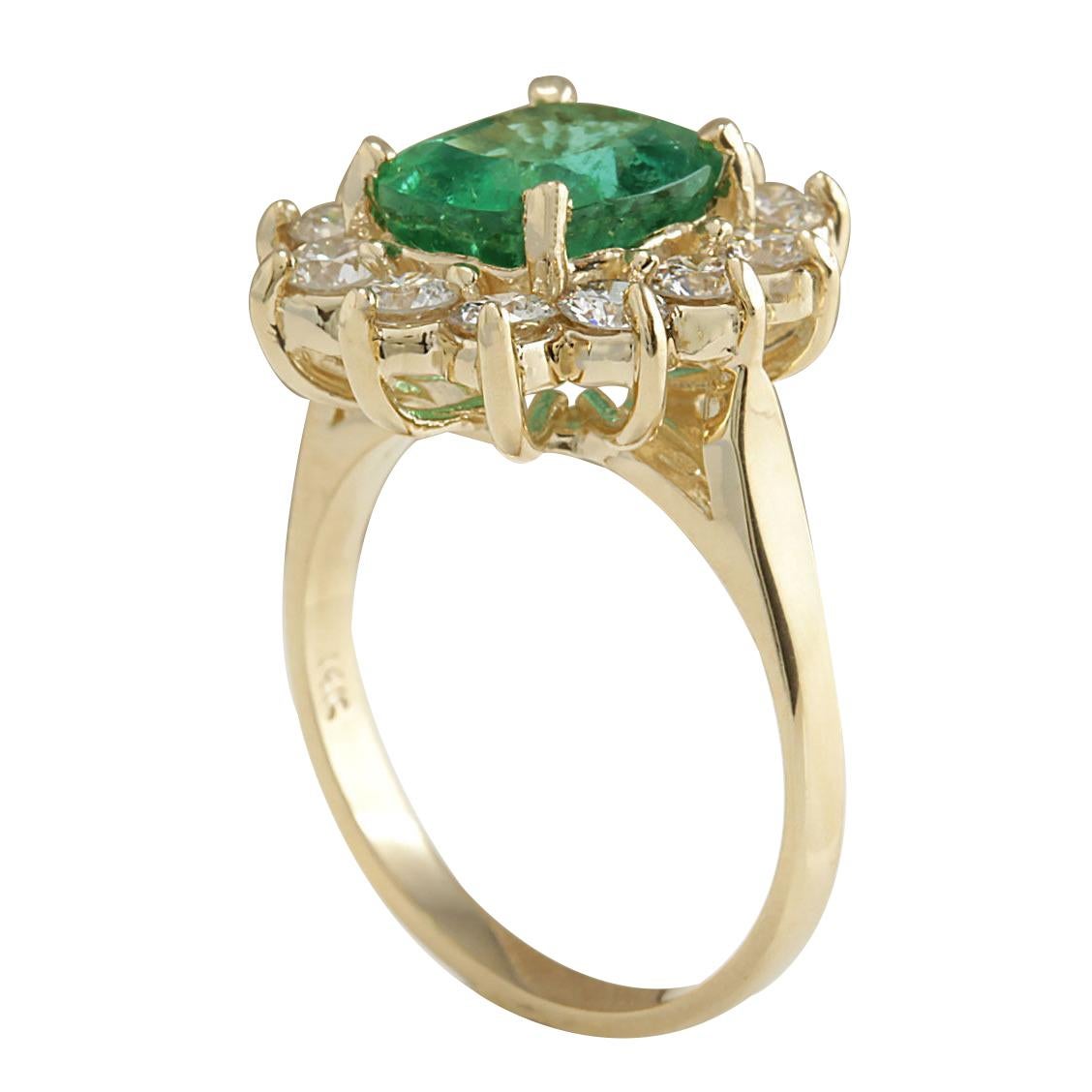 Cushion Cut Natural Emerald Diamond Ring In 14 Karat Yellow Gold  For Sale