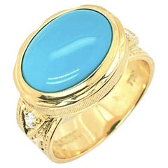 3.98 Carat Oval Sleeping Beauty Turquoise and Diamond Yellow Gold Band Ring
