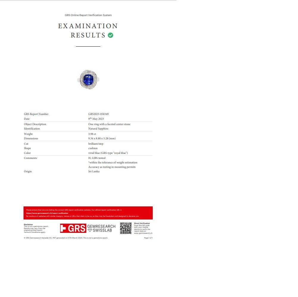 Women's 3.98 Carat Royal-Blue Ceylon Sapphire Diamond Platinum Ring, GRS Certified For Sale