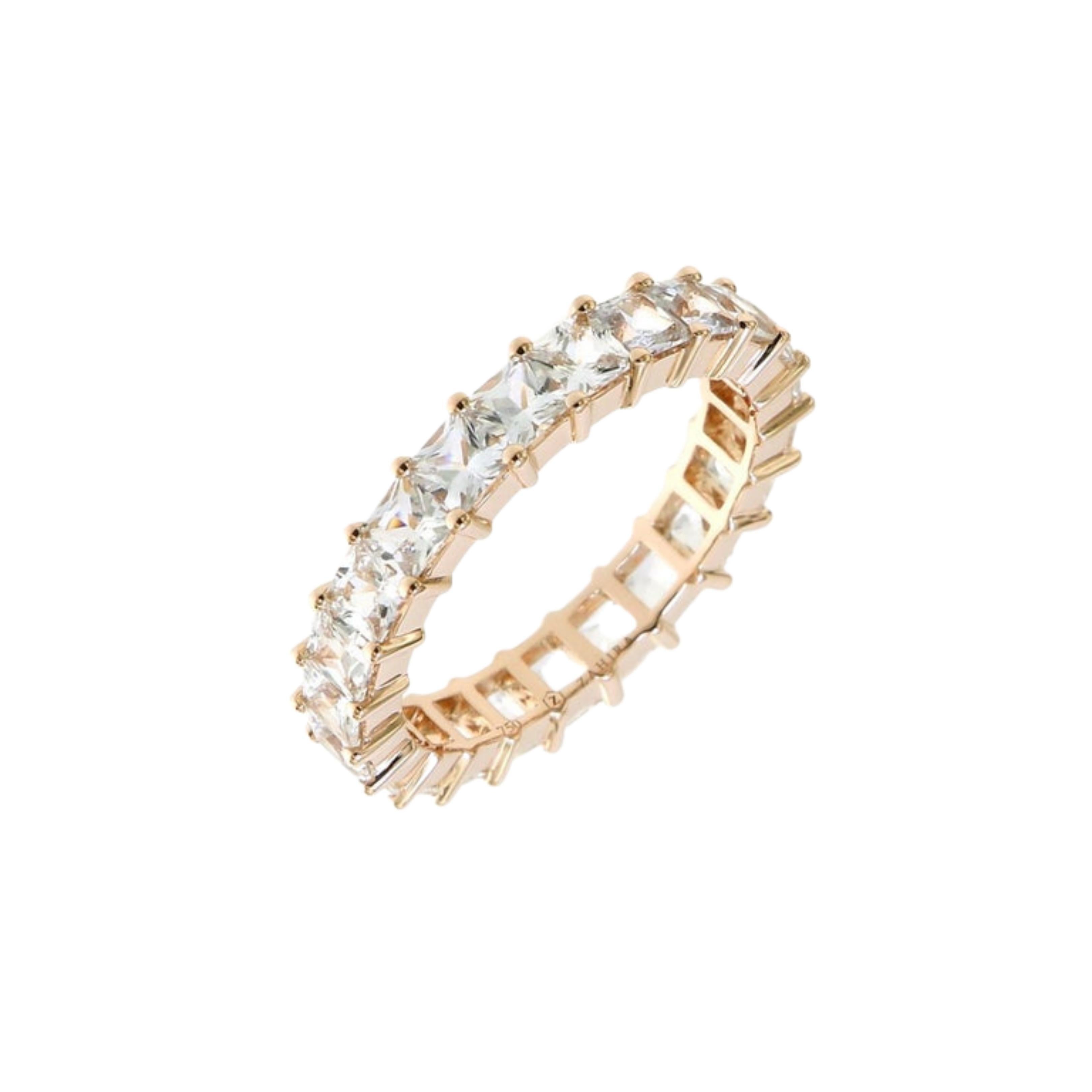 This ring is made from 3mm natural and perfectly cut sapphires which total 3.98 carats perfectly set into this high polished 18k pink gold eternity band. 

This ring is a size 56 EU or a size 7.5 US. It can also be custom ordered to size. Production