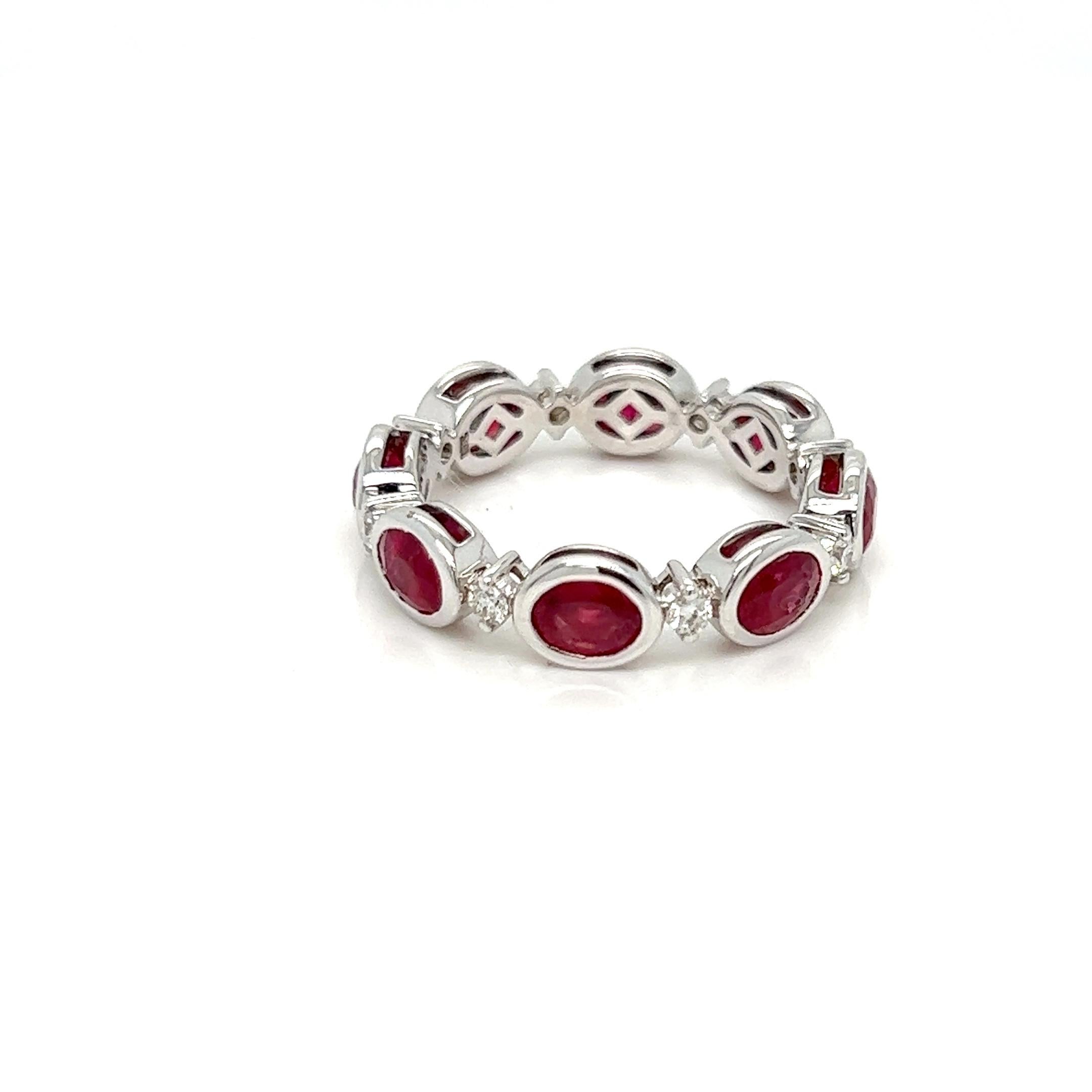 Oval Cut 3.98 Carats Ruby and Diamond Eternity Ring Band in Bezel Setting and 18K Gold  For Sale