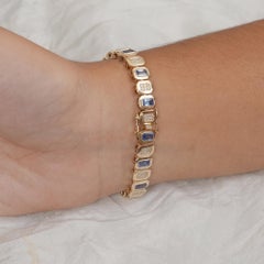 Bracciale A Link con zaffiro blu da 3,98 carati e diamanti da 0,64 carati, oro giallo 14k con taglio smeraldo