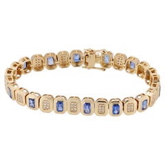 Bracciale A Link con zaffiro blu da 3,98 carati e diamanti da 0,64 carati, oro giallo 14k con taglio smeraldo
