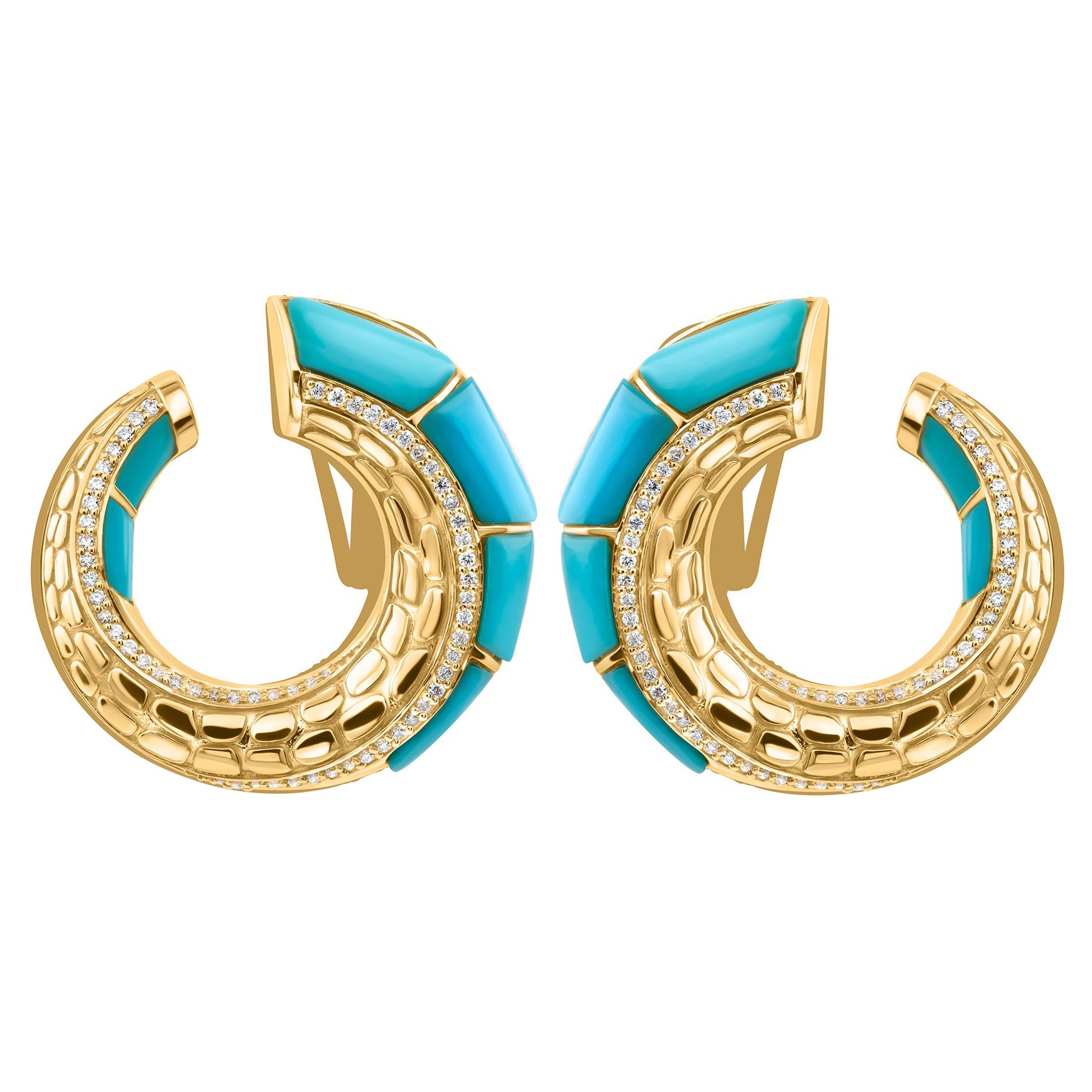 4 Carat Turquoise & Diamond Horseshoe Stud Earrings 14k Yellow Gold Earrings For Sale