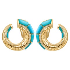 4 Carat Turquoise & Diamond Horseshoe Stud Earrings 14k Yellow Gold Earrings