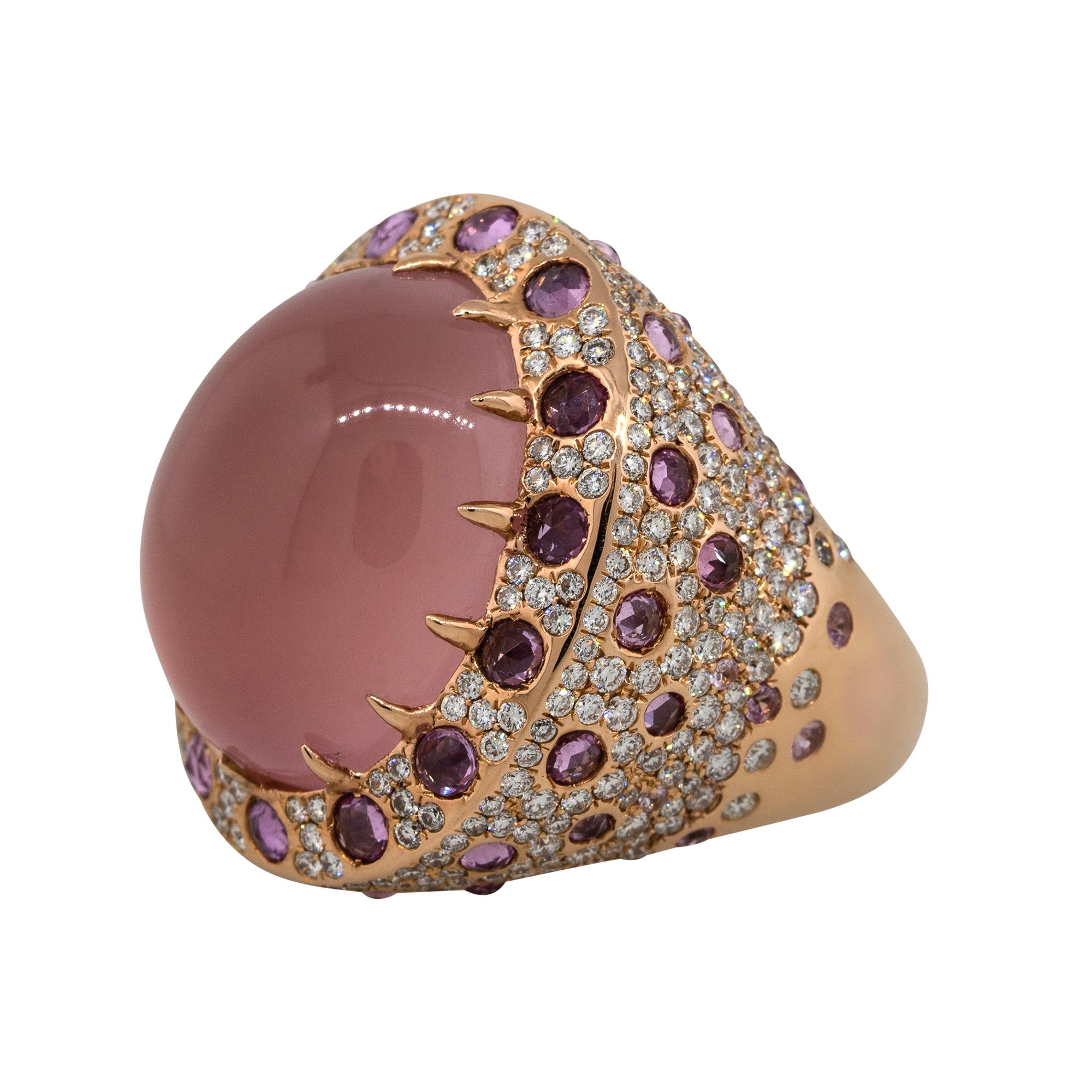 Material: 18k Rose Gold
Gemstone Details: Approx. 39.80ctw rose Quartz gemstone.
                               Approx. 3.69ctw of round cut pink Sapphire gemstones.
Diamond Details: Approx. 4.37ctw of round cut Diamonds. Diamonds are G/H in color