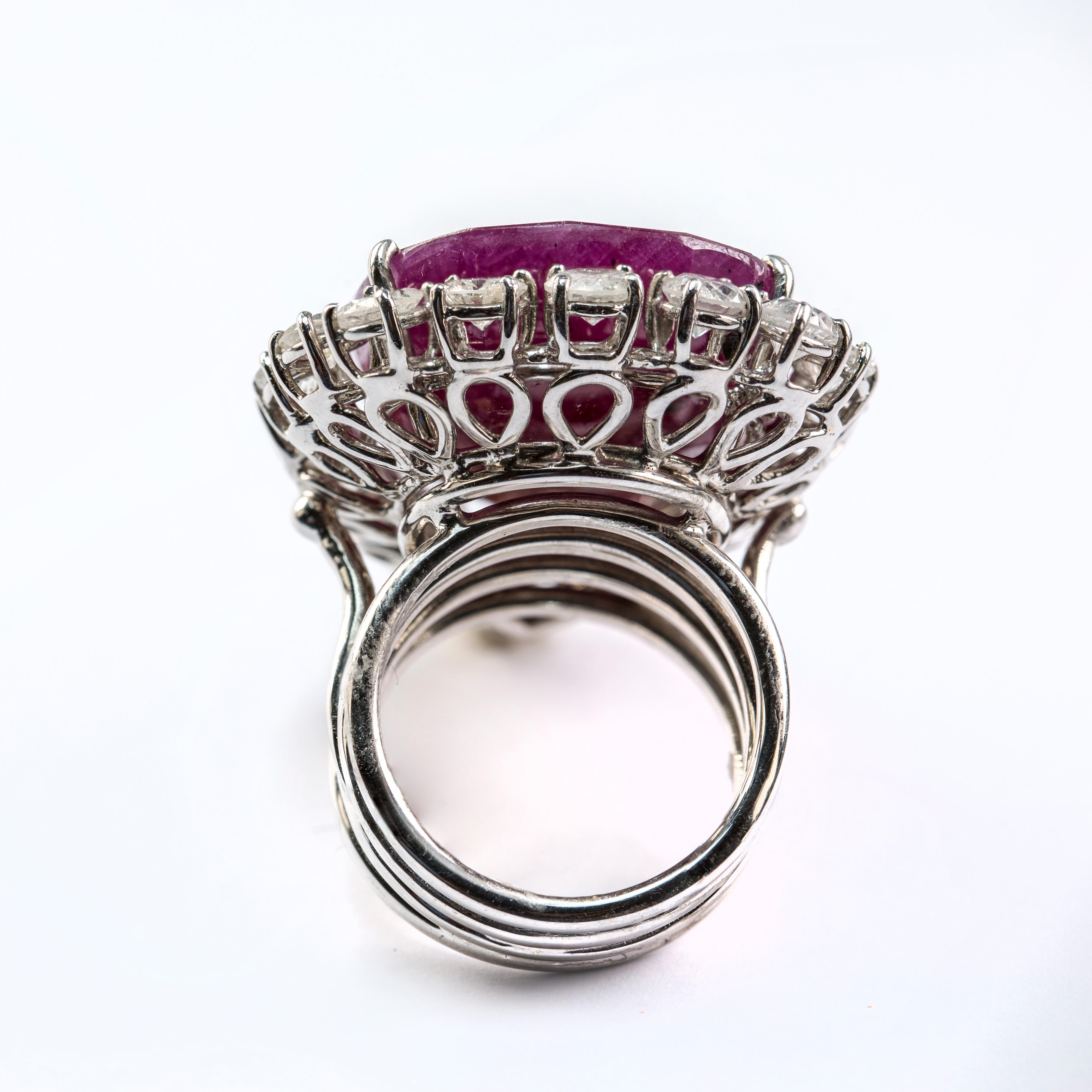 Pear Cut 39.82 Carat African Ruby Icy Diamond Cocktail Ring For Sale