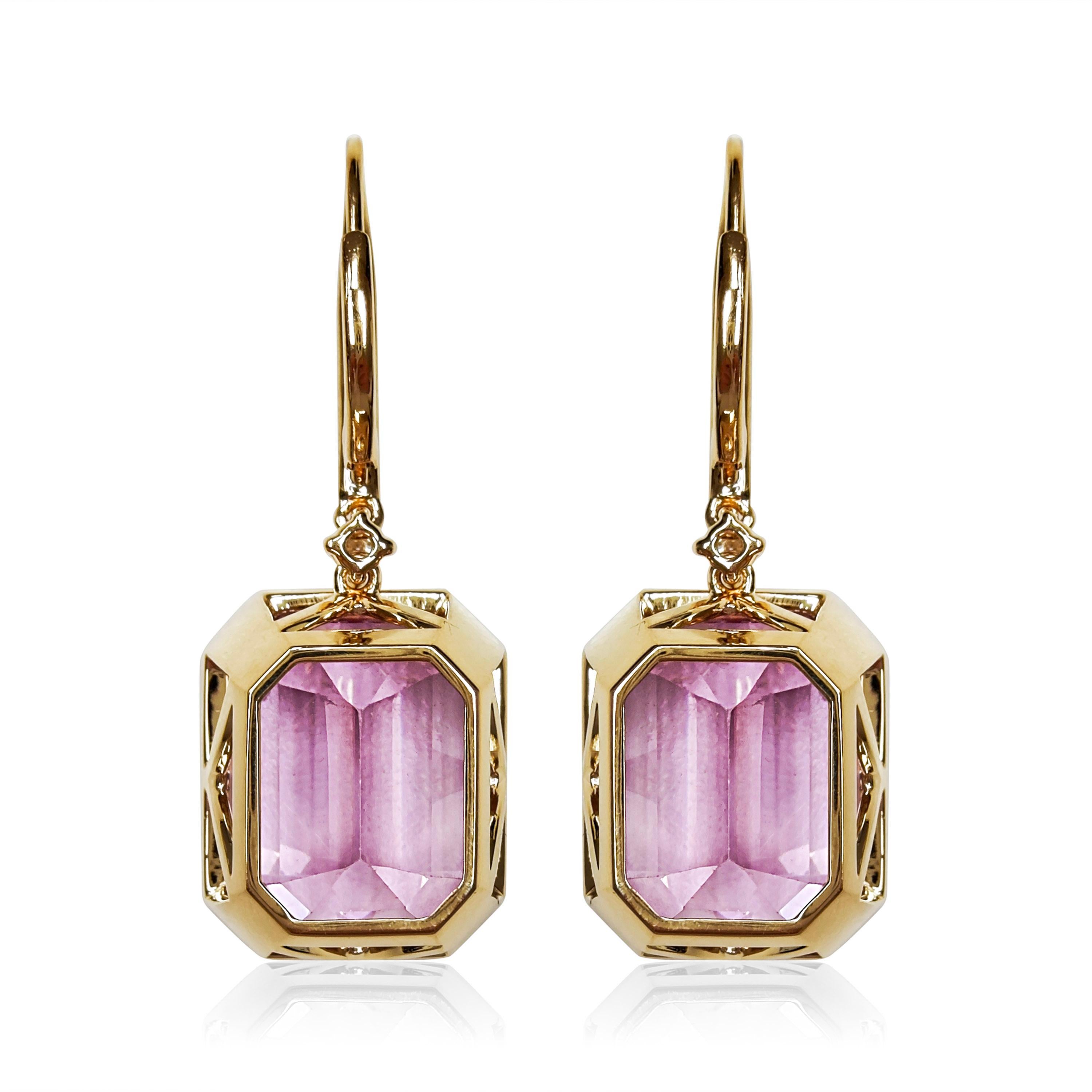 Mixed Cut 39.88 Carats Kunzite and White Diamond Yellow Gold Earrings For Sale