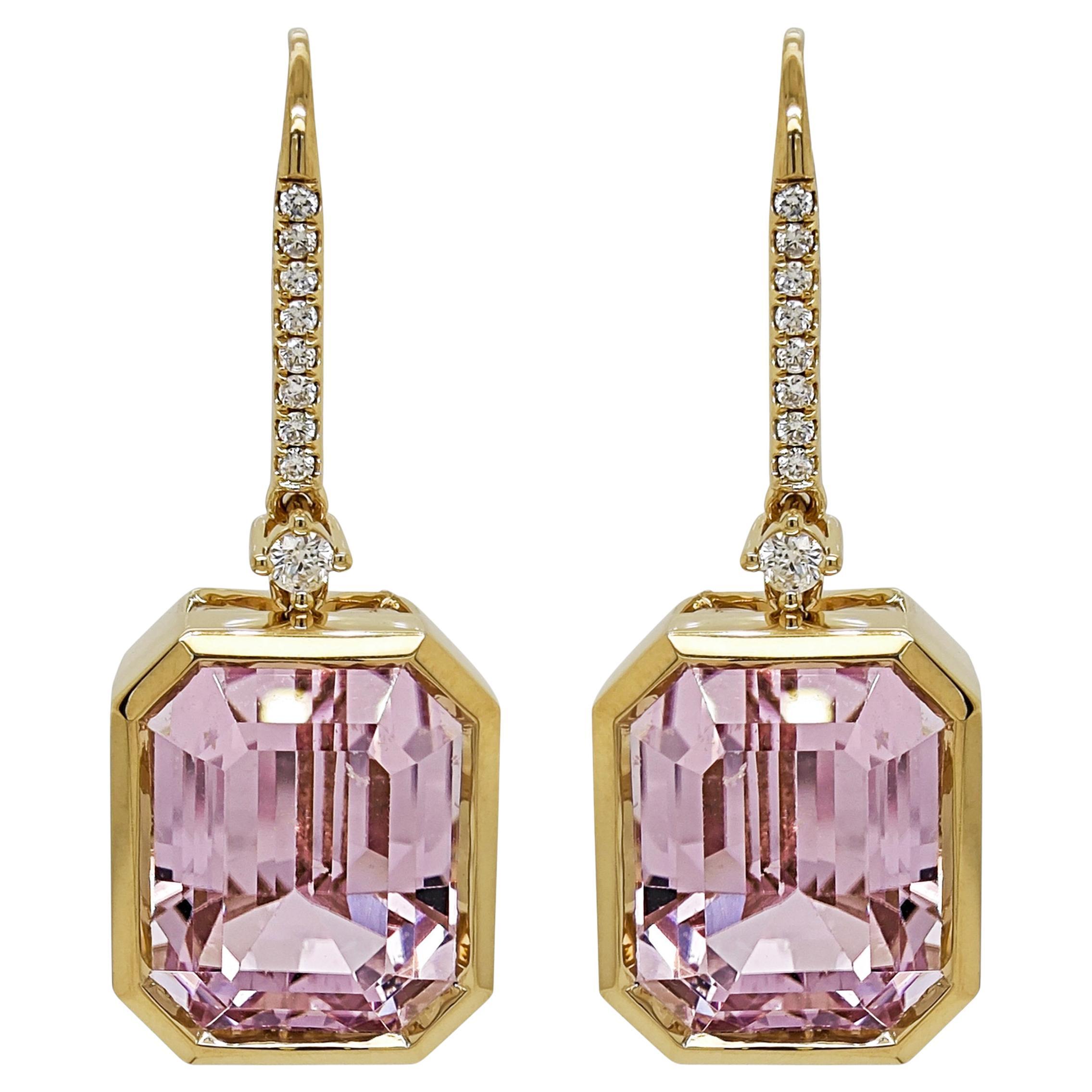 39.88 Carats Kunzite and White Diamond Yellow Gold Earrings