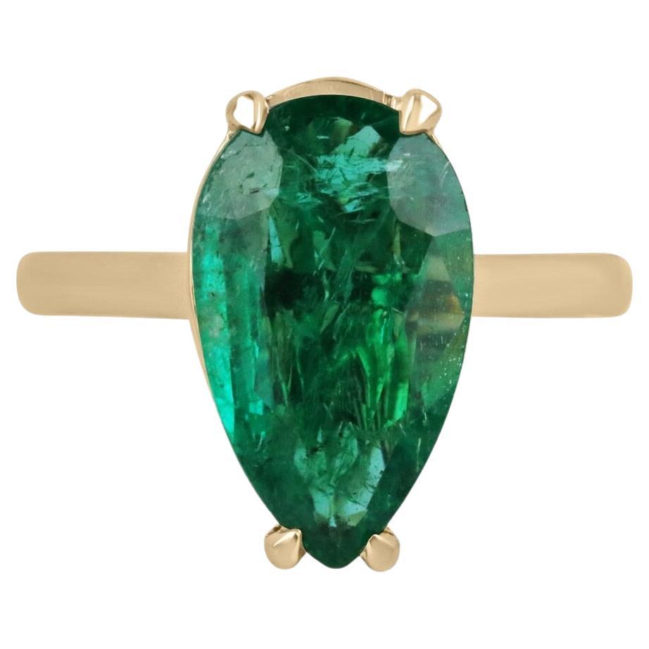 3.98ct 18K AAA Fine Quality Pear Cut Zambian Emerald Solitaire 4 Prong Set Ring For Sale