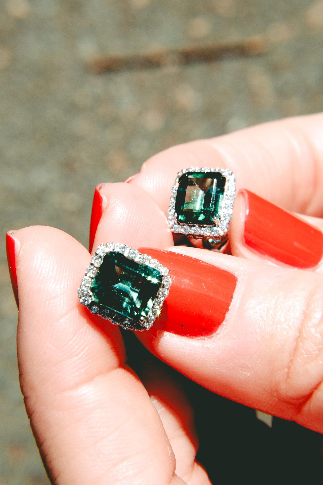 3.98ct Green .42 Tourmaline & Diamond Studs-Emerald Cut-18KT Gold-GIA Certified For Sale 1