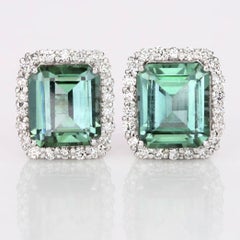 3.98ct Green .42 Tourmaline & Diamond Studs-Emerald Cut-18KT Gold-GIA Certified