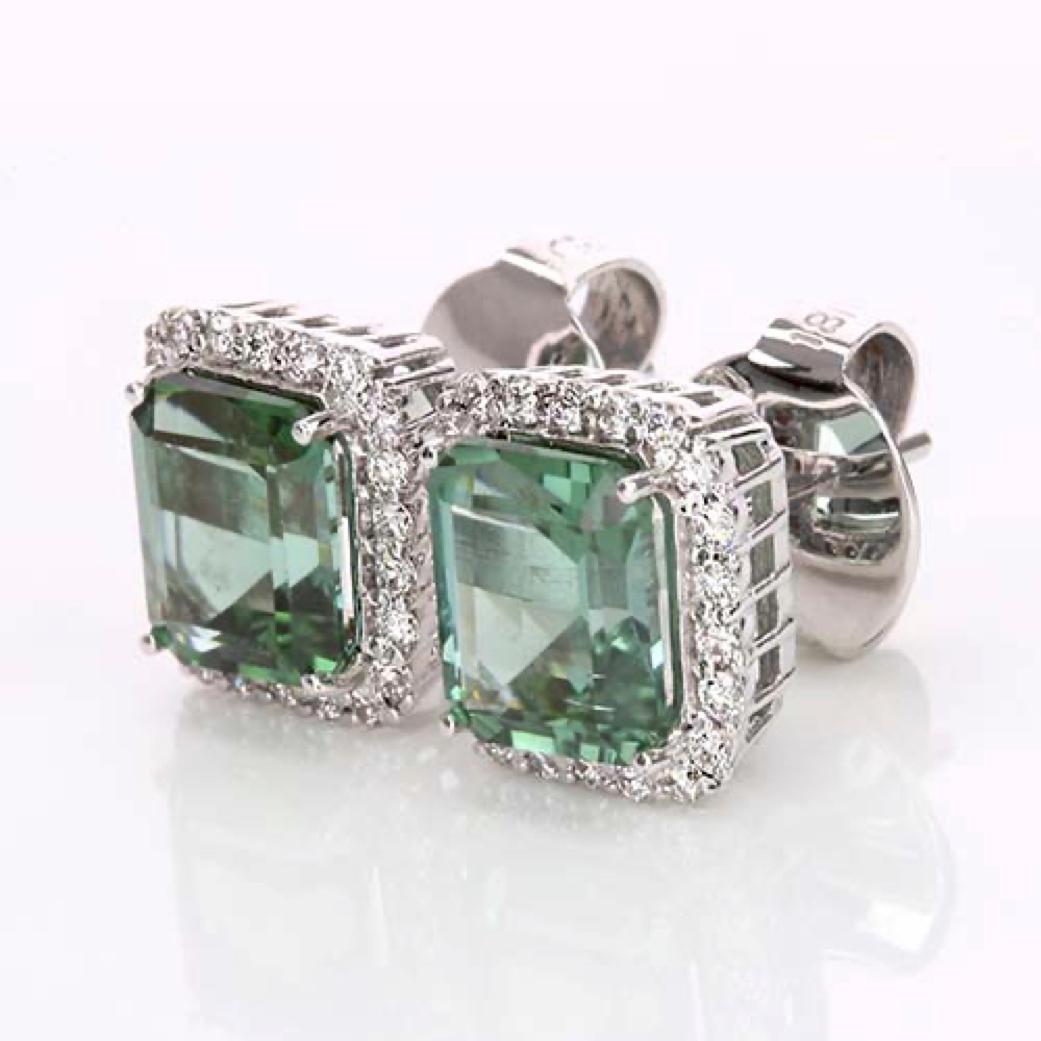 Modern 3.98ct Green .42 Tourmaline & Diamond Studs-Emerald Cut-18KT Gold-GIA Certified For Sale