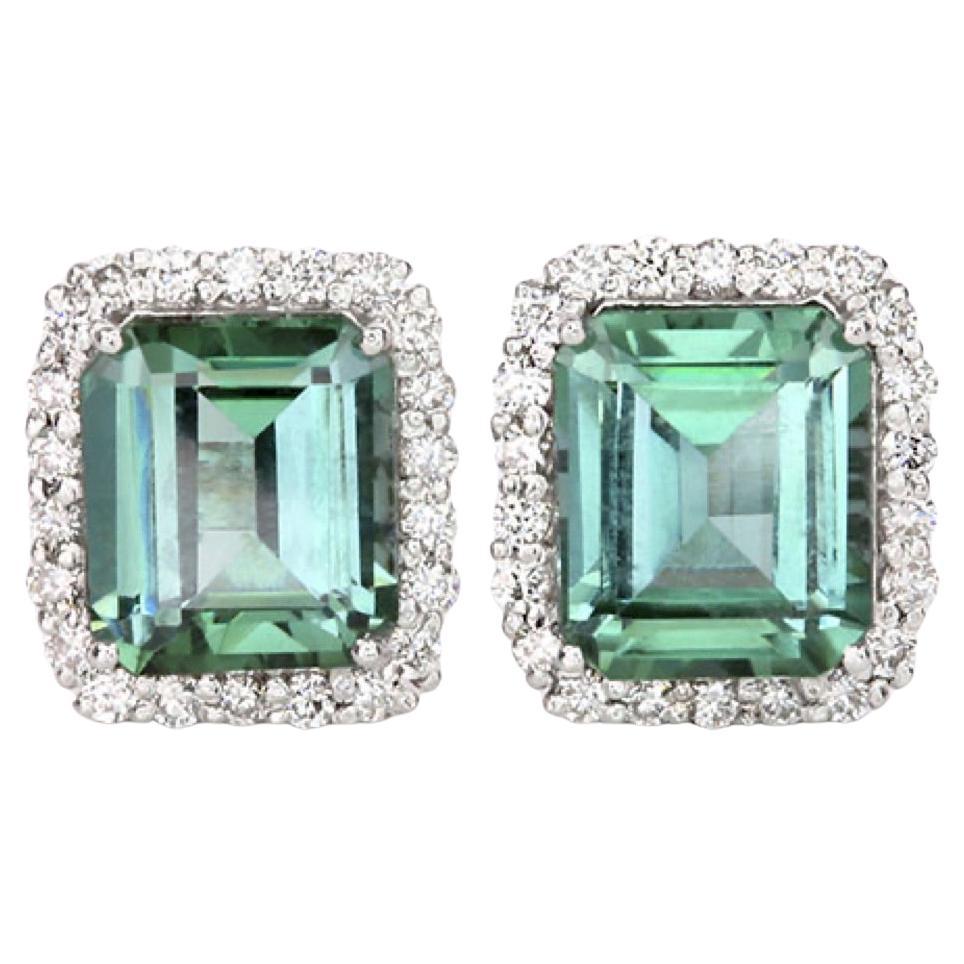 .98ct Green Tourmaline & Diamond Studs-Emerald Cut-18KT White Gold-GIA Certified