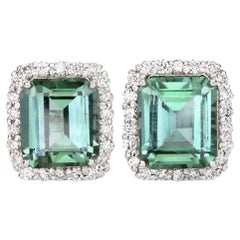 3.98ct Green Tourmaline &Diamond Studs-Emerald Cut-18KT White Gold-GIA Certified