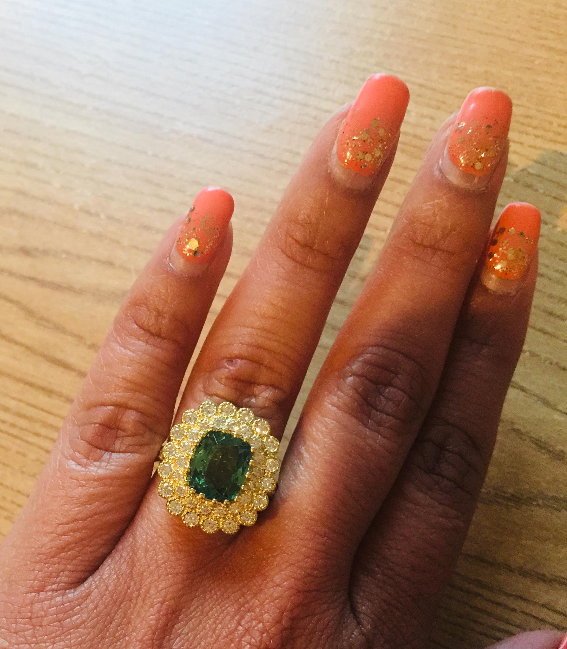 Women's 3.99 Carat Green Tourmaline and Diamond Ring 18 Karat Yellow Gold Cocktail Ring