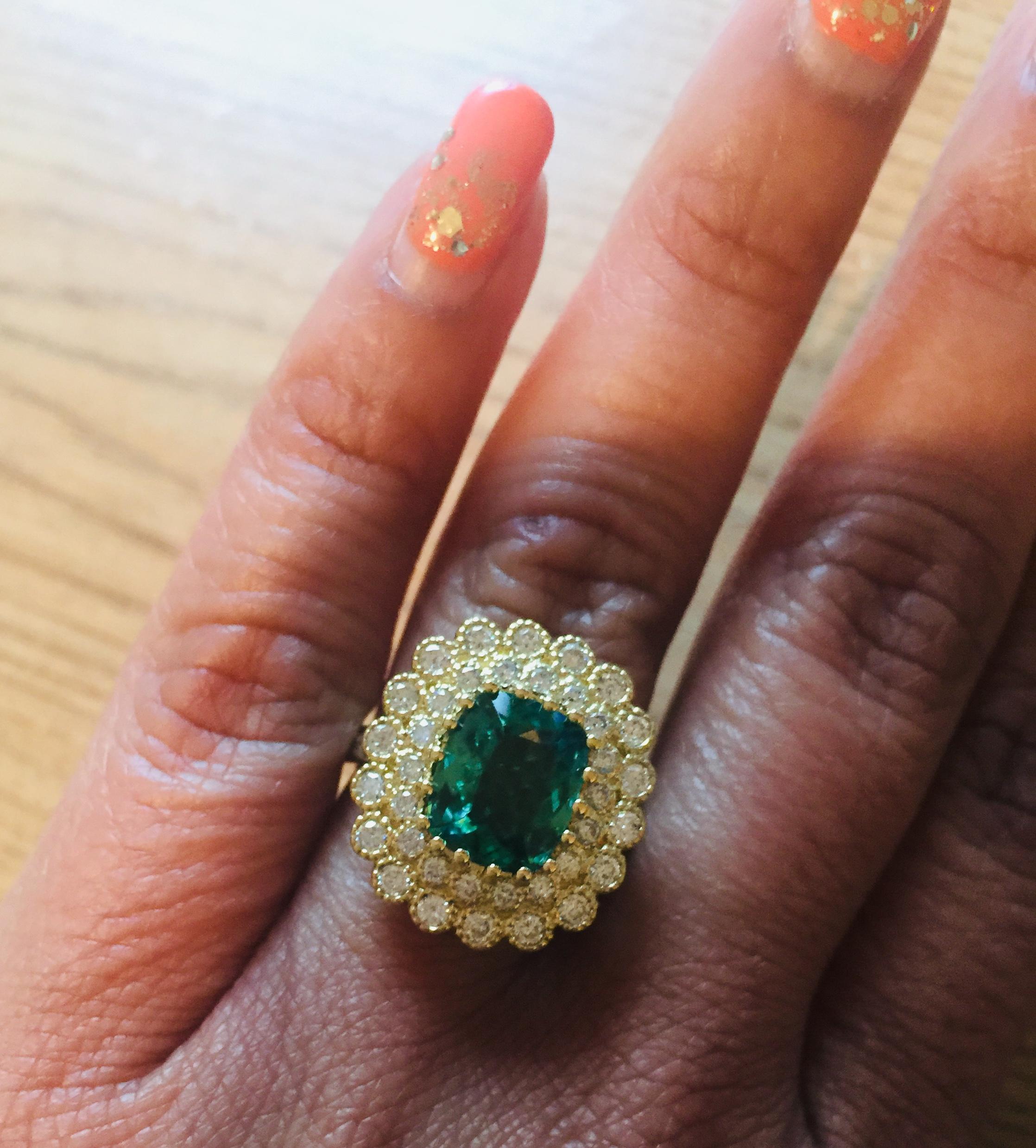 3.99 Carat Green Tourmaline and Diamond Ring 18 Karat Yellow Gold Cocktail Ring 2