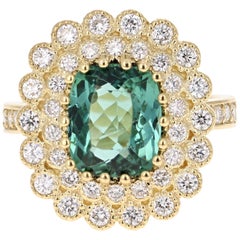 3.99 Carat Green Tourmaline and Diamond Ring 18 Karat Yellow Gold Cocktail Ring