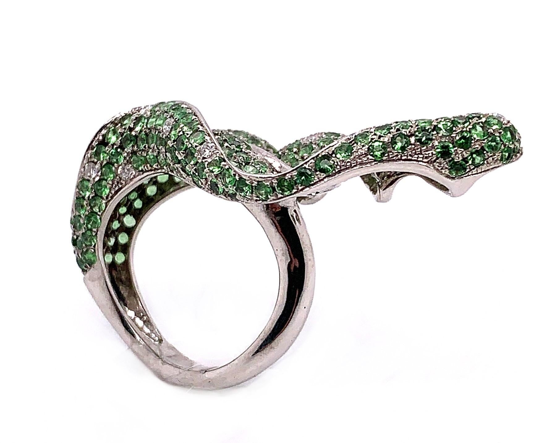 3.99 Carat Green Tsavorite and White Diamond Leaf Ring 1