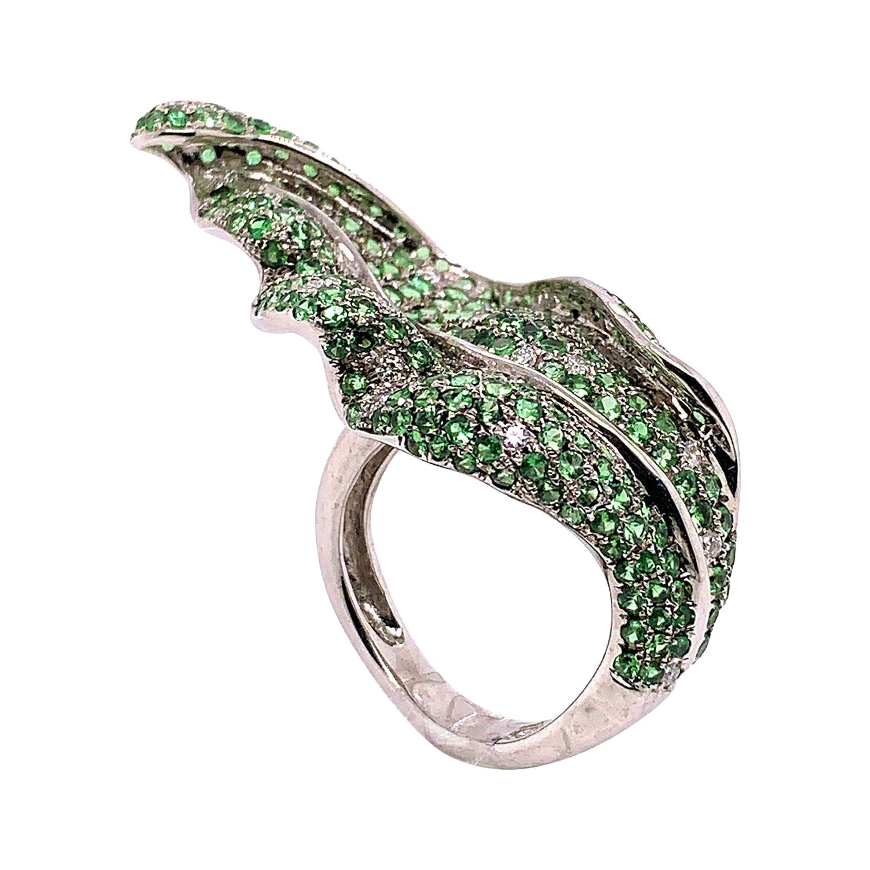 3.99 Carat Green Tsavorite and White Diamond Leaf Ring