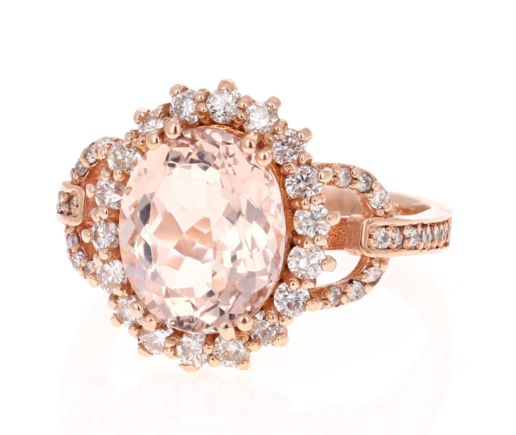 This gorgeous and classy Morganite Ring can easily substitute for a unique and edgy Engagement or Promise ring for that special someone.  

It has a 3.30 Carat Oval Cut Morganite as its center and is surrounded by a halo of 46 Round Cut Diamonds