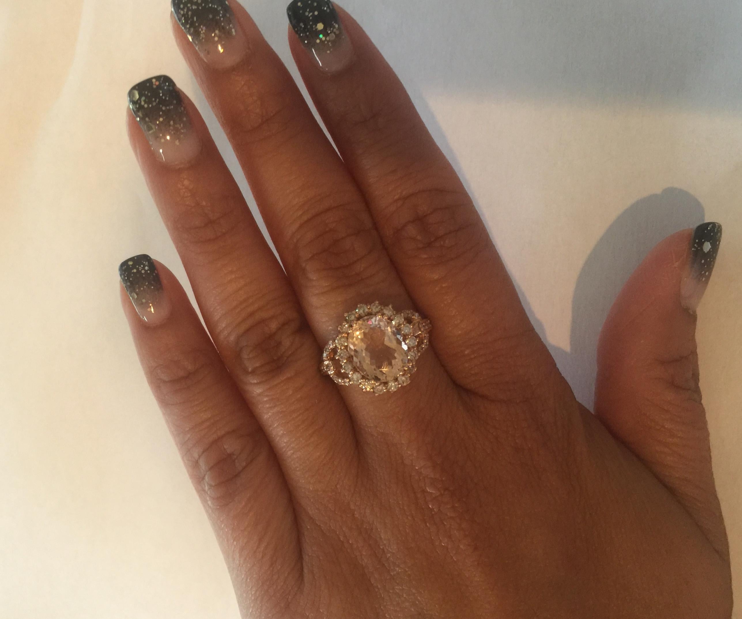 Women's 3.99 Carat Oval Cut Morganite Diamond Rose Gold Engagement Ring