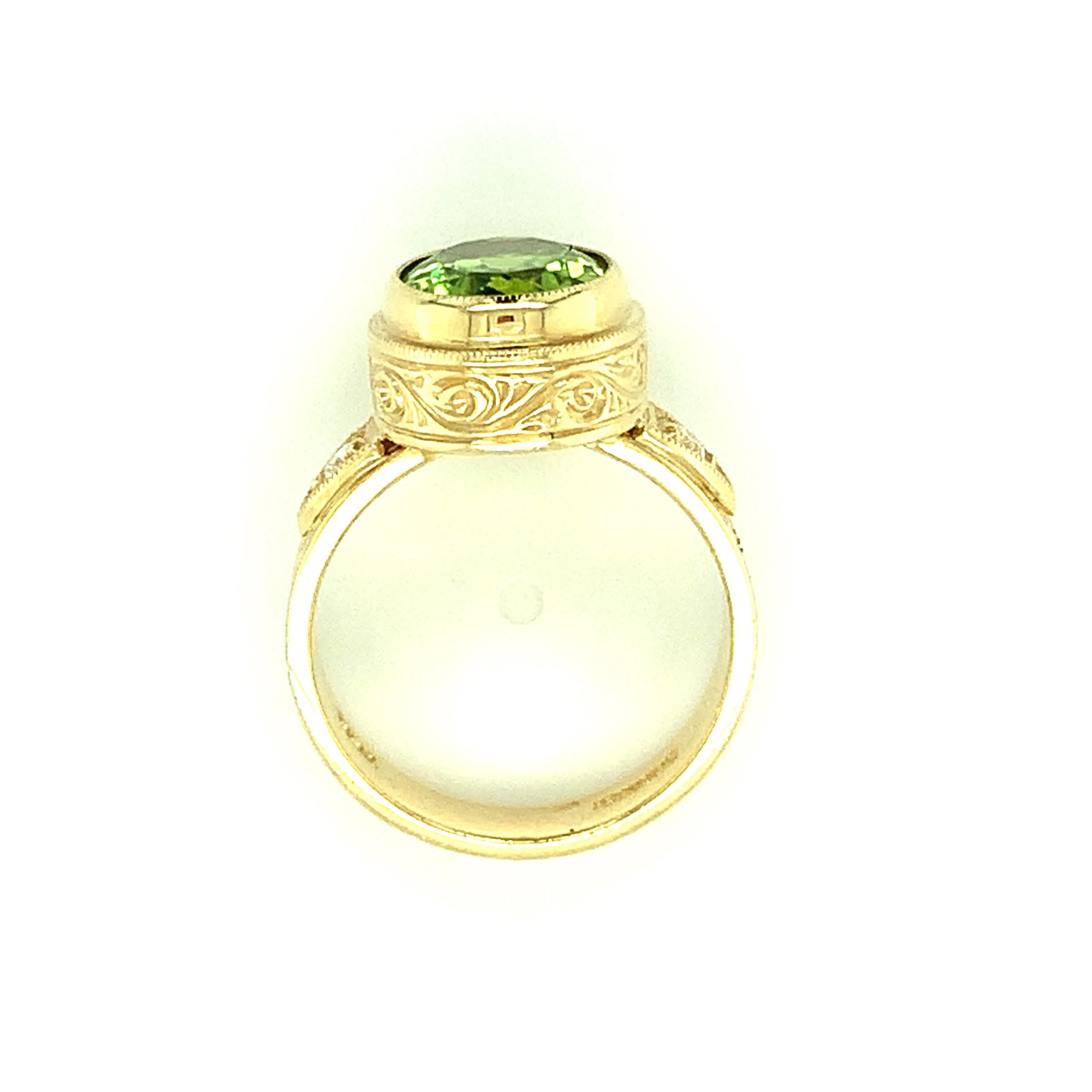 Artisan Peridot and Diamond Handmade Yellow Gold Engraved Bezel Band Ring, 3.99 Carats For Sale