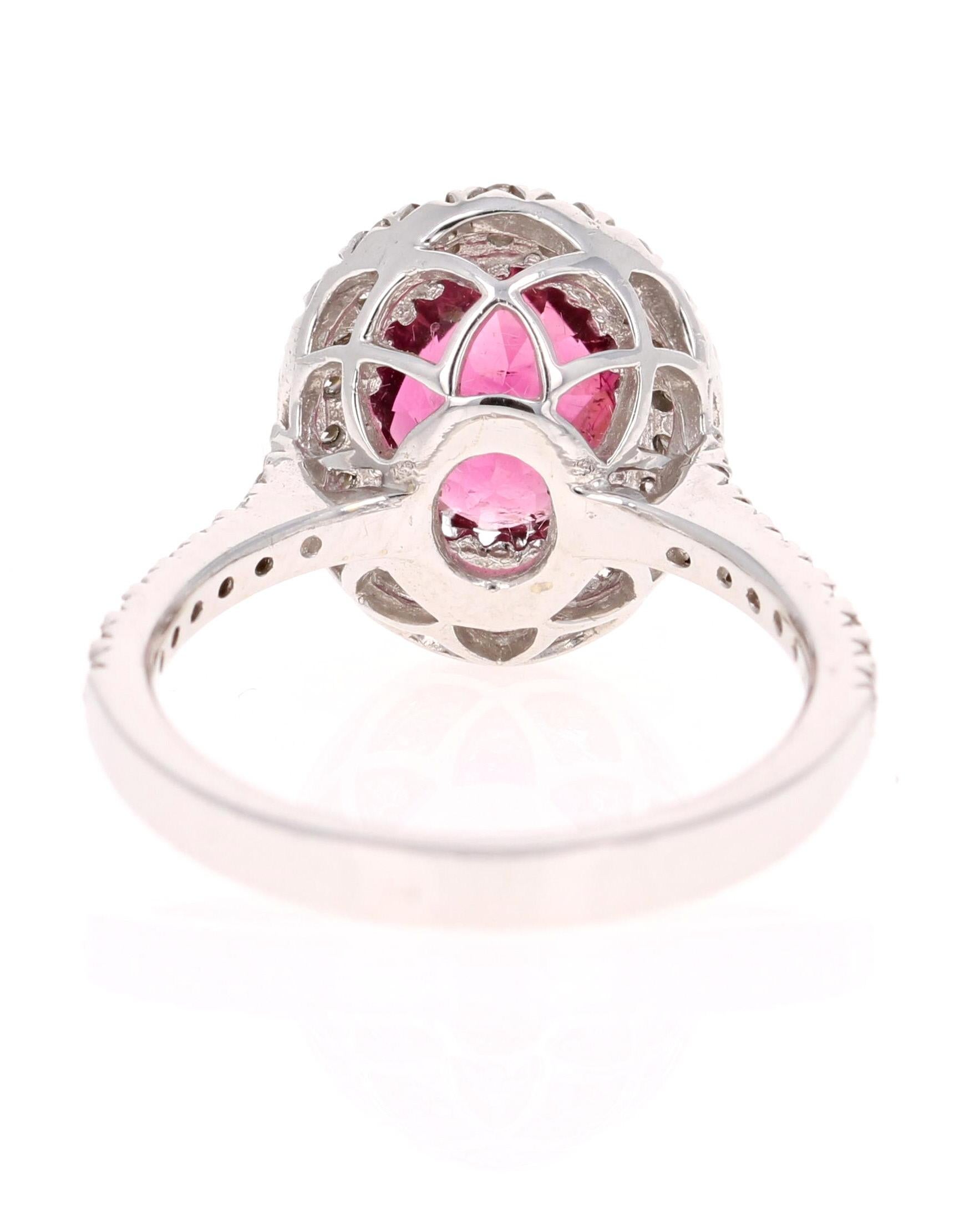 Oval Cut 3.99 Carat Pink Tourmaline Diamond 14 Karat White Gold Ring For Sale