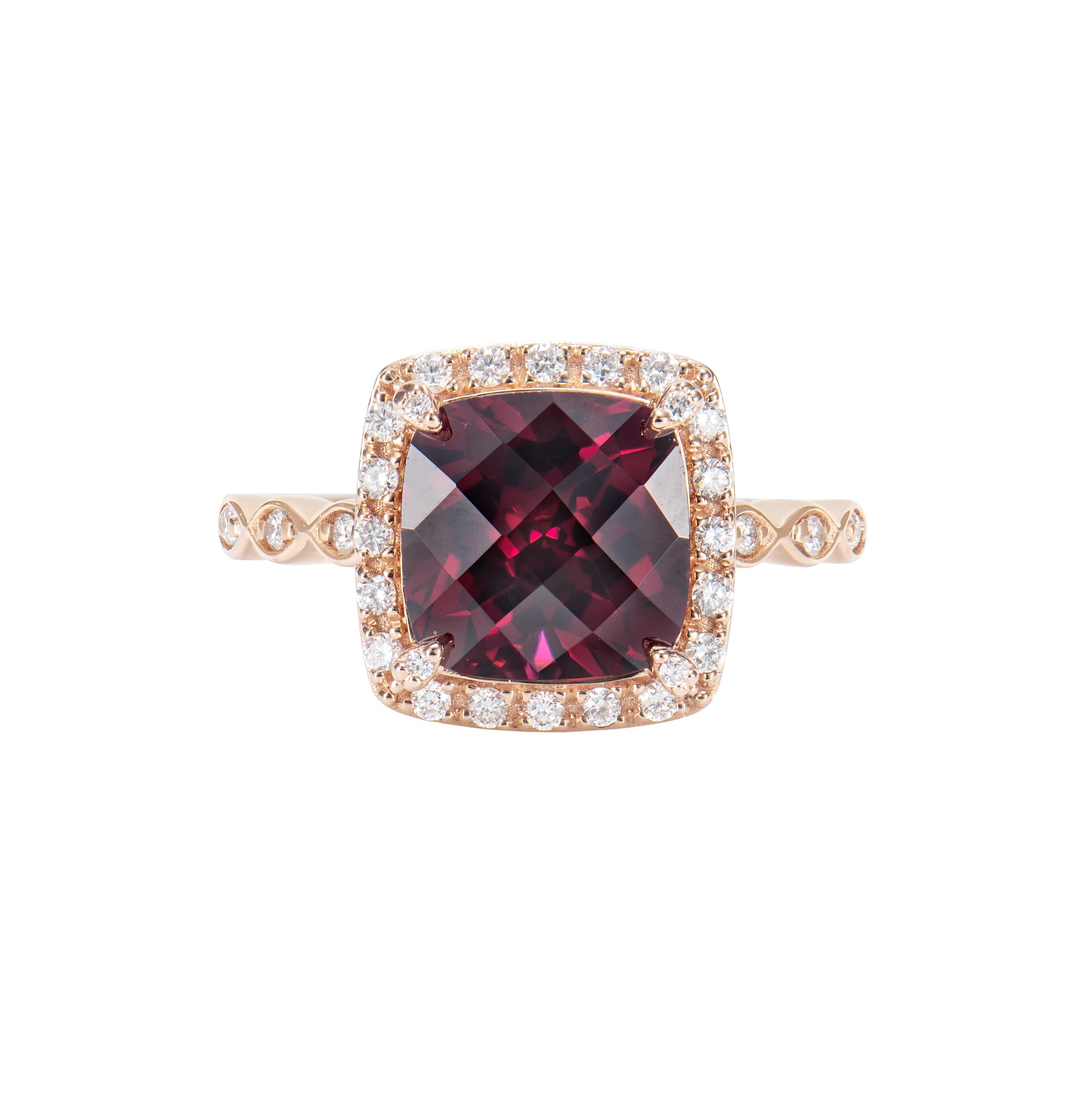 Contemporary 3.99 Carat Rhodolite Cocktail Ring in 18 Karat Rose Gold with White Diamond. For Sale