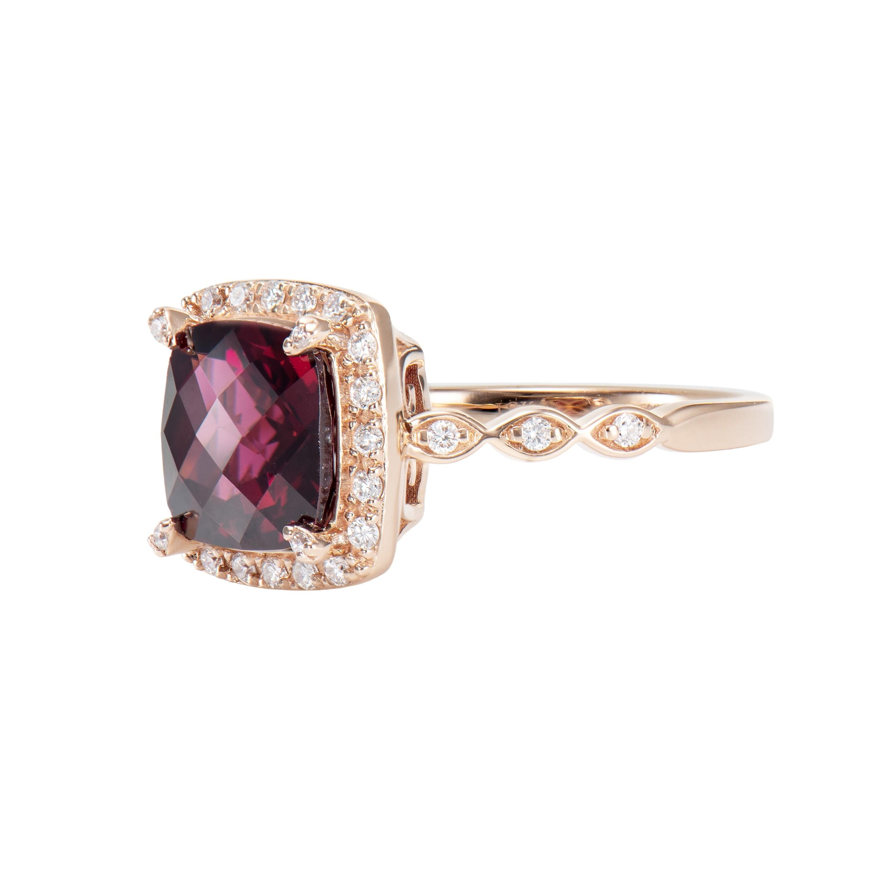 Cushion Cut 3.99 Carat Rhodolite Cocktail Ring in 18 Karat Rose Gold with White Diamond. For Sale