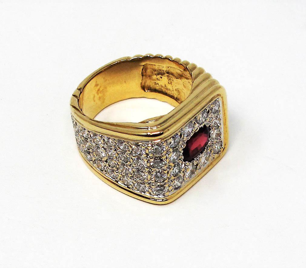 Women's or Men's 3.99 Carat Total Oval Ruby and Pave Diamond Square Band Ring 14 Karat Gold For Sale