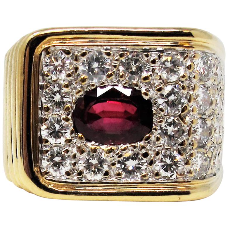 3.99 Carat Total Oval Ruby and Pave Diamond Square Band Ring 14 Karat Gold