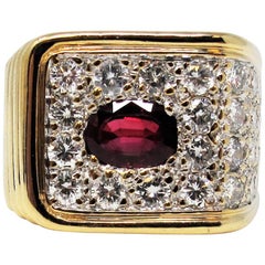 Vintage 3.99 Carat Total Oval Ruby and Pave Diamond Square Band Ring 14 Karat Gold