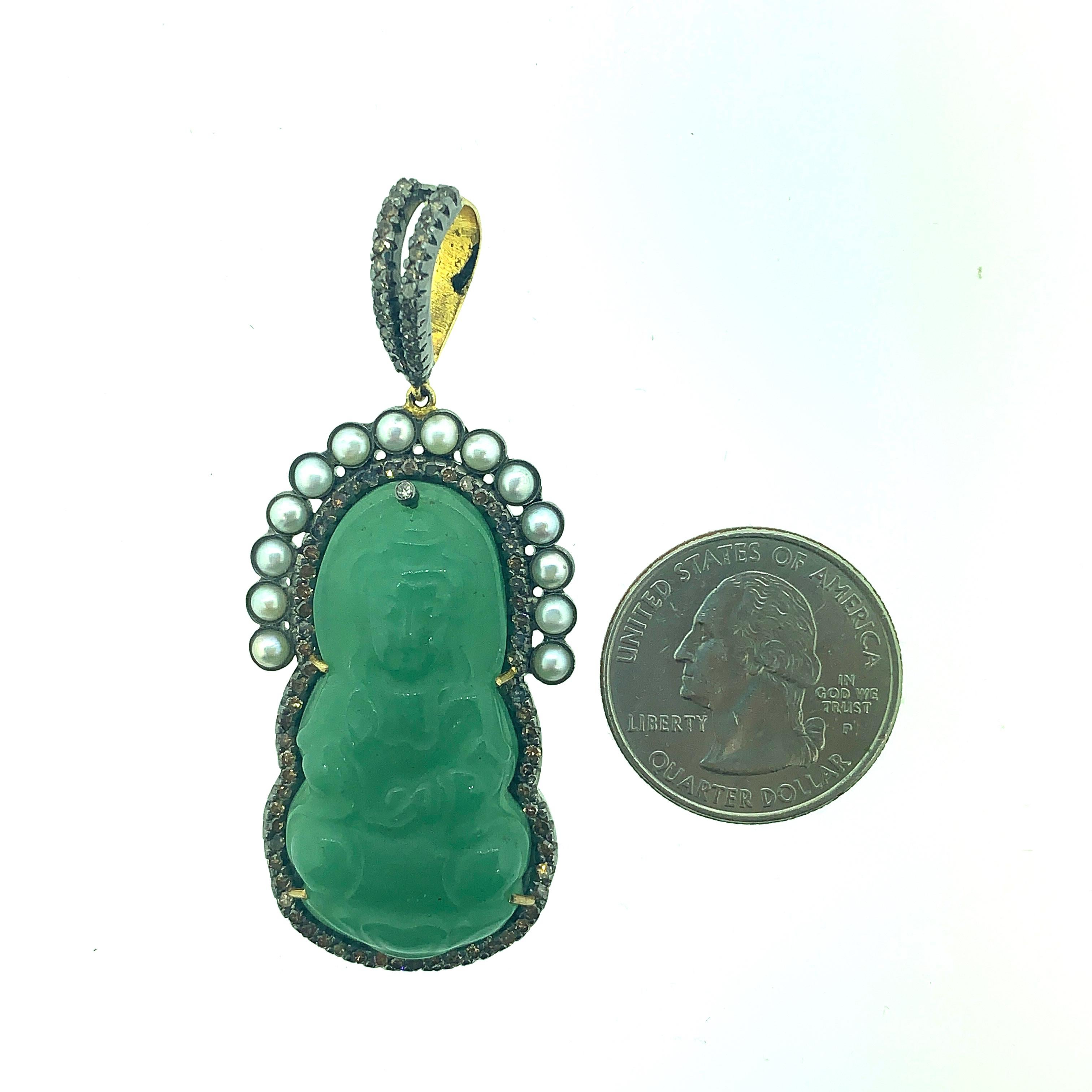 2.5 Inch Long Buddha in 39.90 ct Aventurine, 1.75 ct Pearl and 1.20 ct Diamond Pendant set in Oxidized Sterling Silver with 14K Gold back of bail and prongs. The pearls are set on the aventurine Buddha in the form of a crown and the jade is