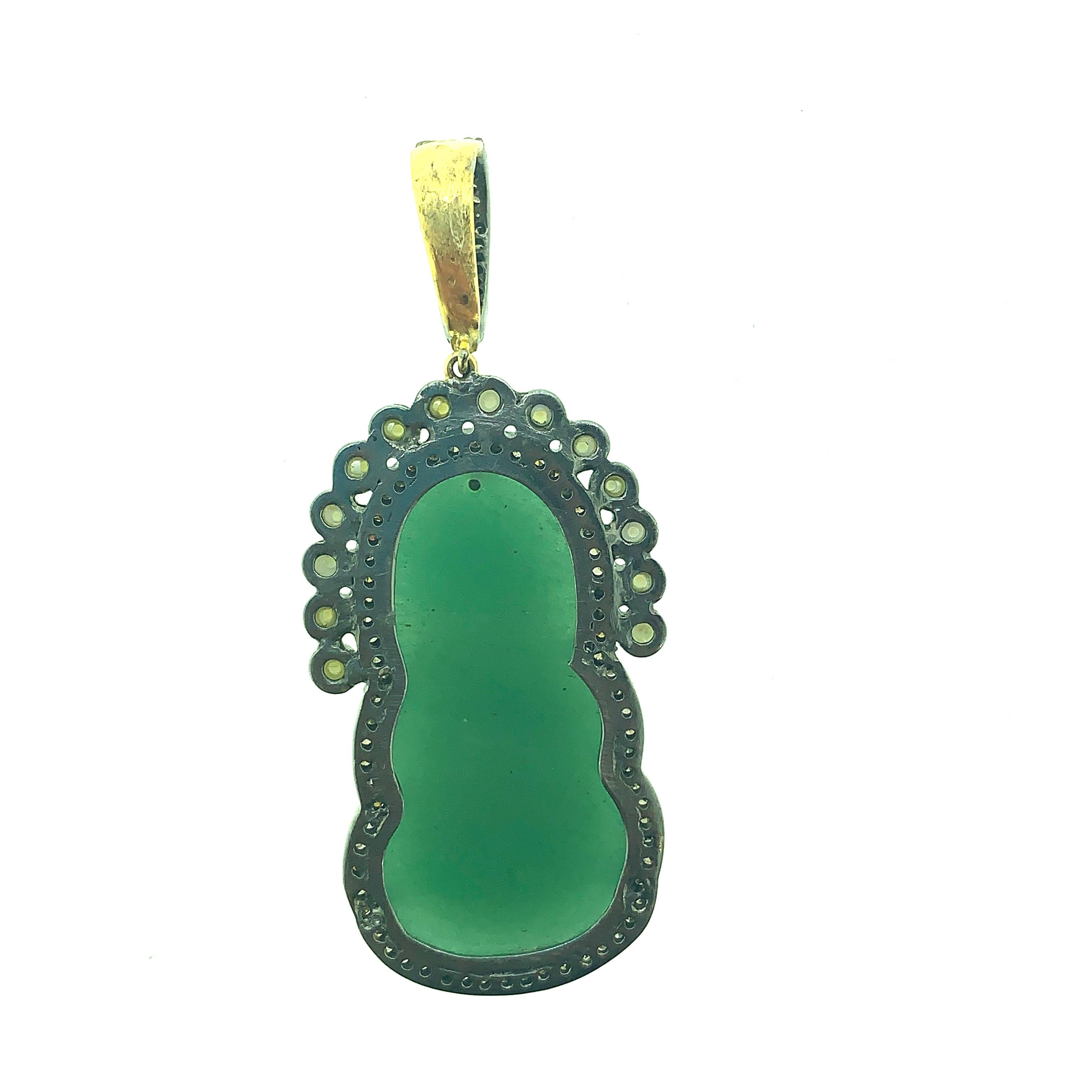 39.90 Ct Buddha Aventurine, Pearl Diamond Pendant in Sterling Silver 14K Gold In New Condition For Sale In New York, NY