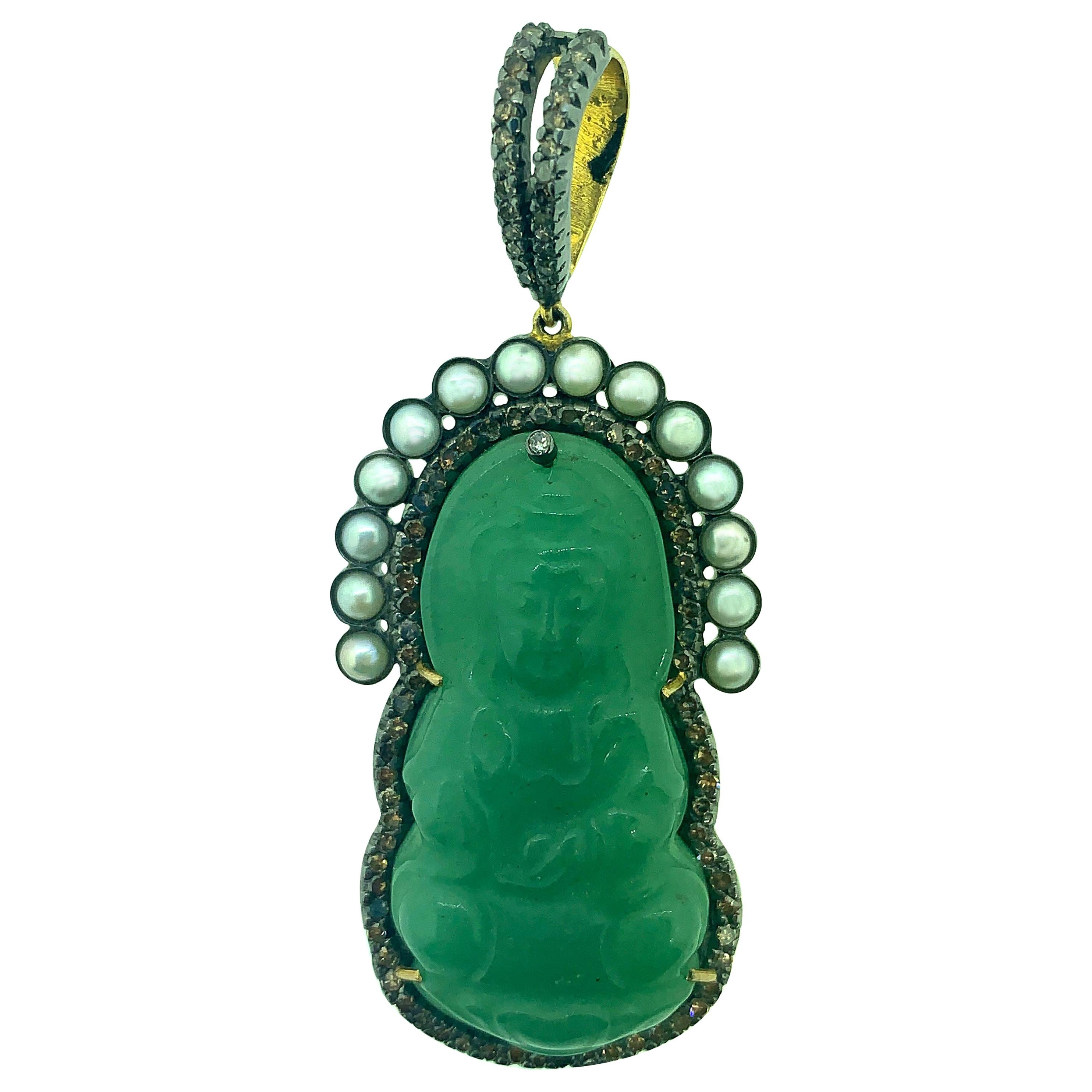 39.90 Ct Buddha Aventurine, Pearl Diamond Pendant in Sterling Silver 14K Gold For Sale