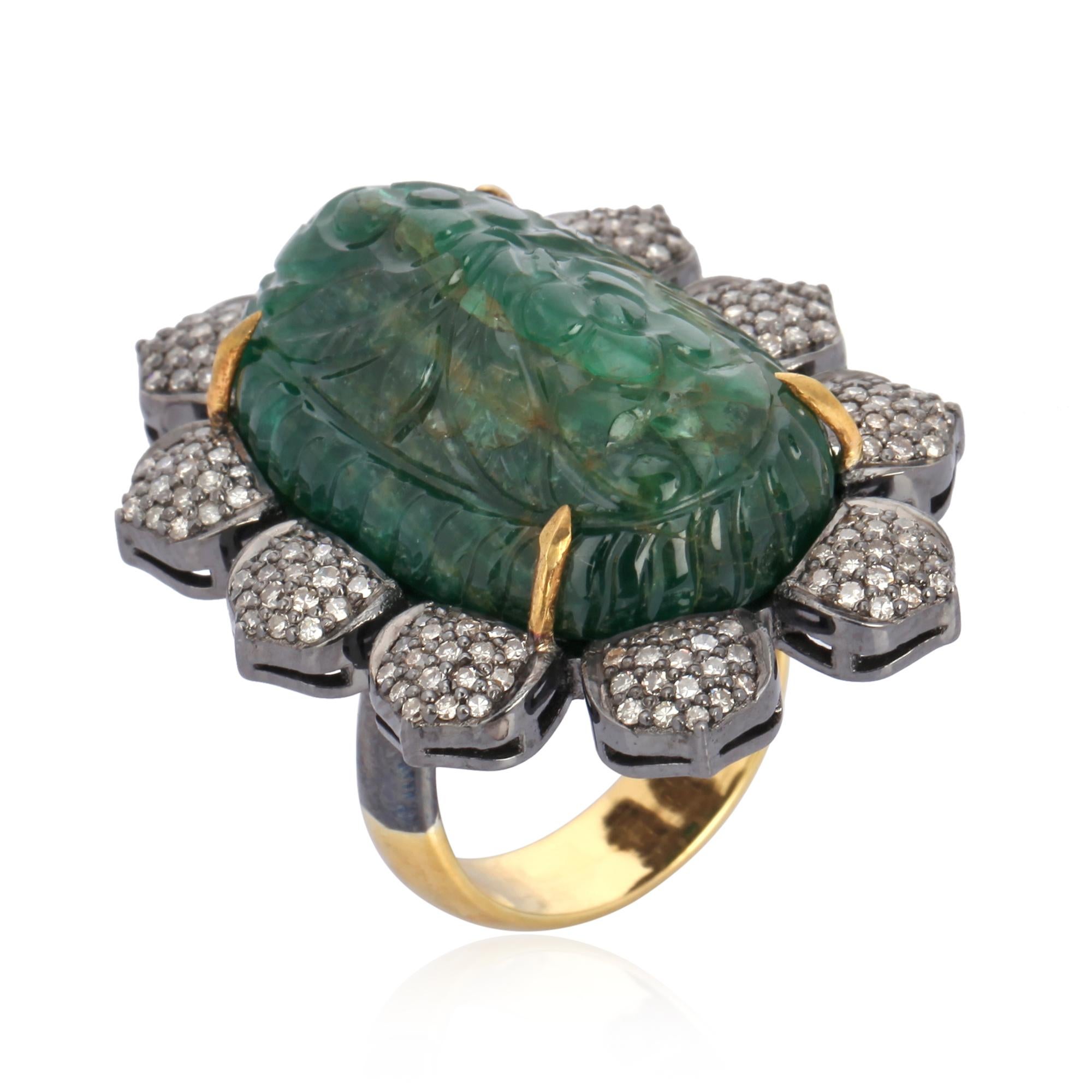 Contemporary 39.94 Carat Carved Emerald Diamond Cocktail Ring For Sale