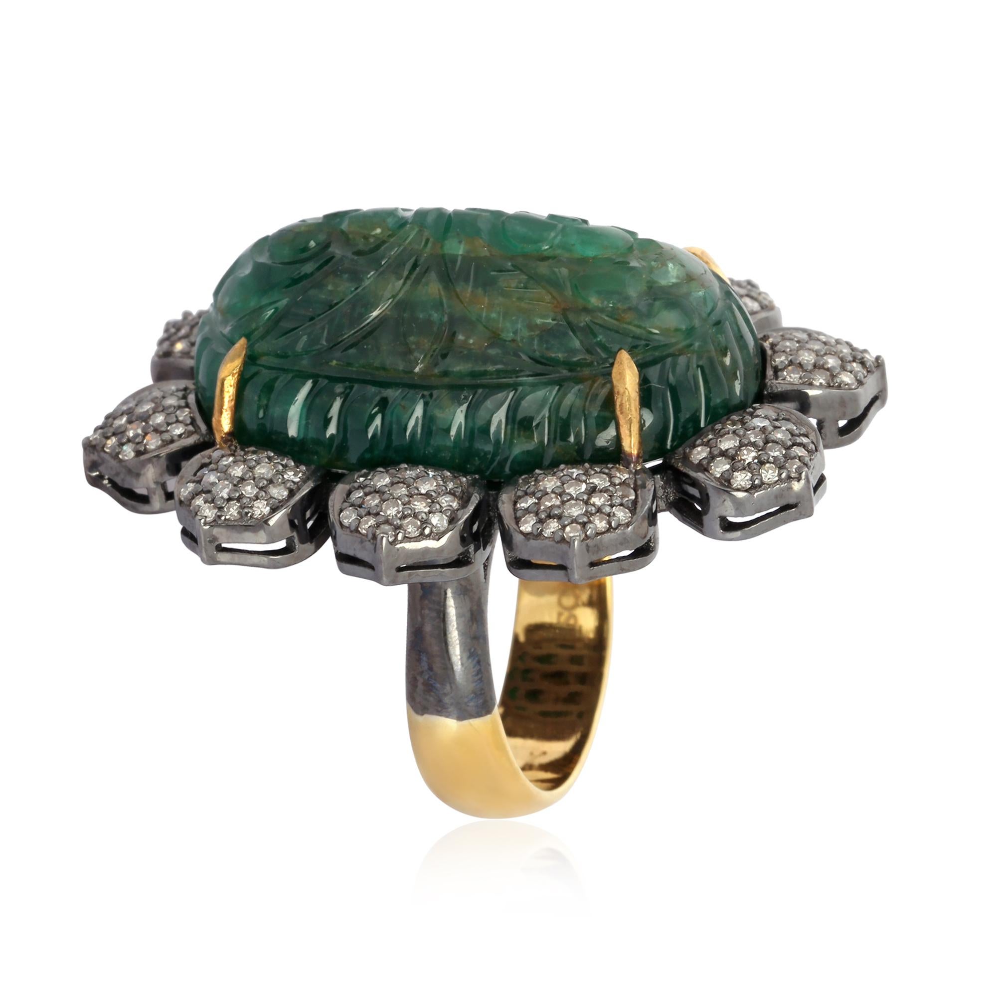 39.94 Carat Carved Emerald Diamond Cocktail Ring In New Condition For Sale In Hoffman Estate, IL