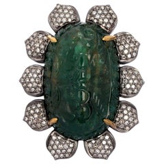 39.94 Carat Carved Emerald Diamond Cocktail Ring