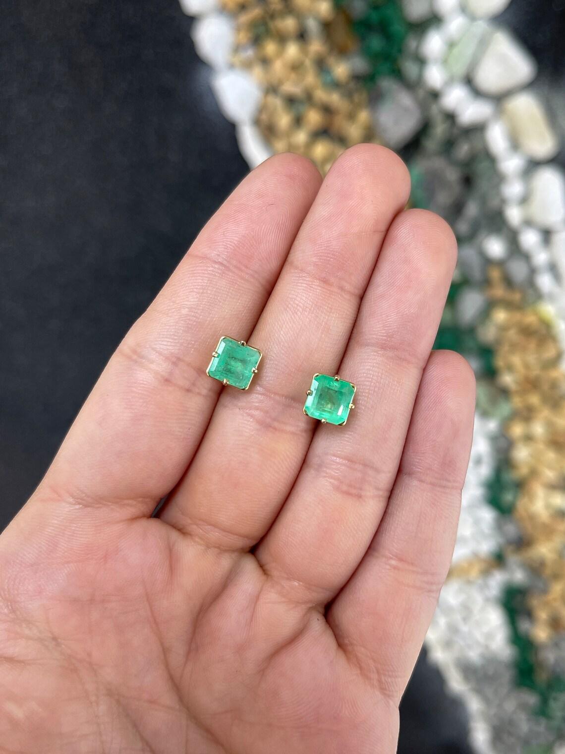 Moderno 3.99tcw 14K Asscher Cut Colombian Emerald Stud Earrings Medium Green May in vendita