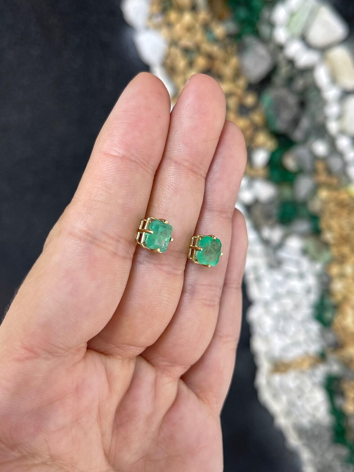 3.99tcw 14K Asscher Cut Colombian Emerald Stud Earrings Medium Green May In condizioni Nuovo in vendita a Jupiter, FL