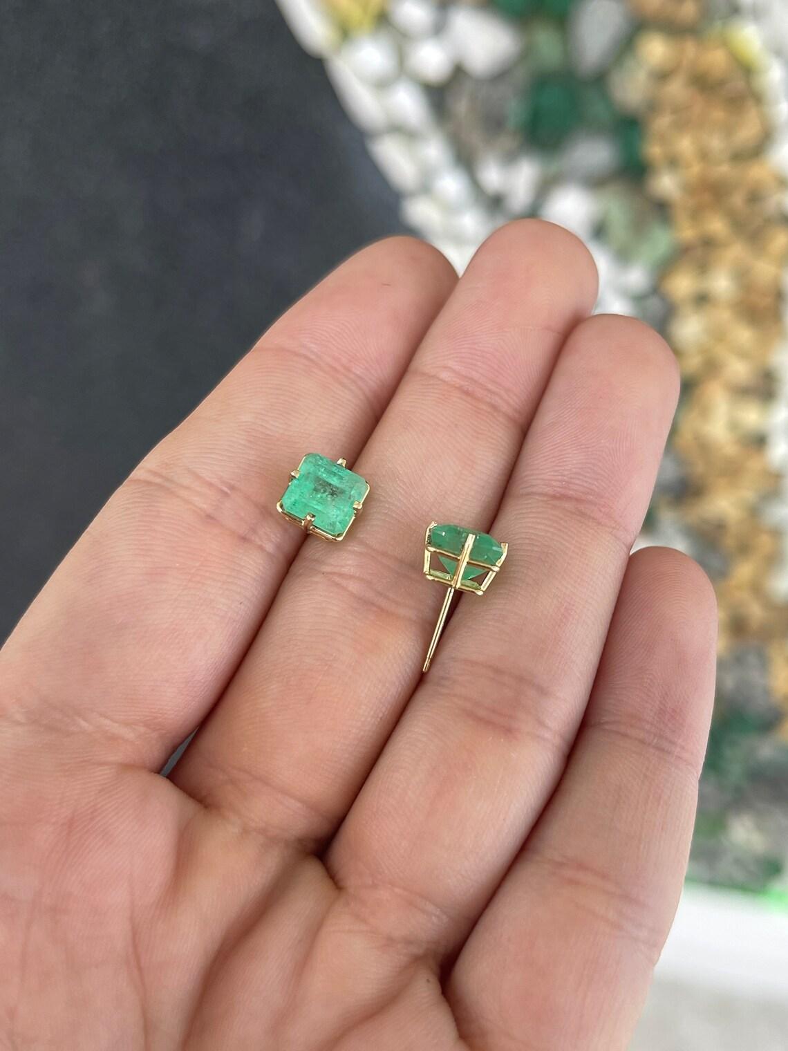 Donna 3.99tcw 14K Asscher Cut Colombian Emerald Stud Earrings Medium Green May in vendita