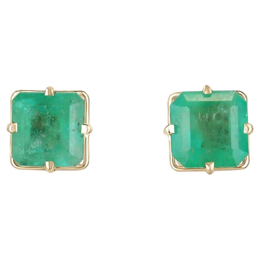 3.99tcw 14K Asscher Cut Colombian Emerald Stud Earrings Medium Green May