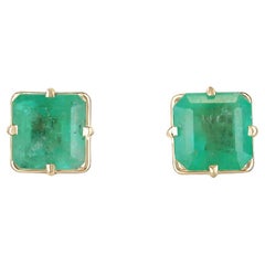 3.99tcw 14K Asscher Cut Colombian Emerald Stud Earrings Medium Green May