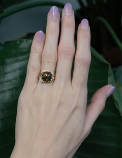 3.9Ct Black Opal Ring with Earth Mined Diamonds Accents: Solid 14K Gold, 11mm