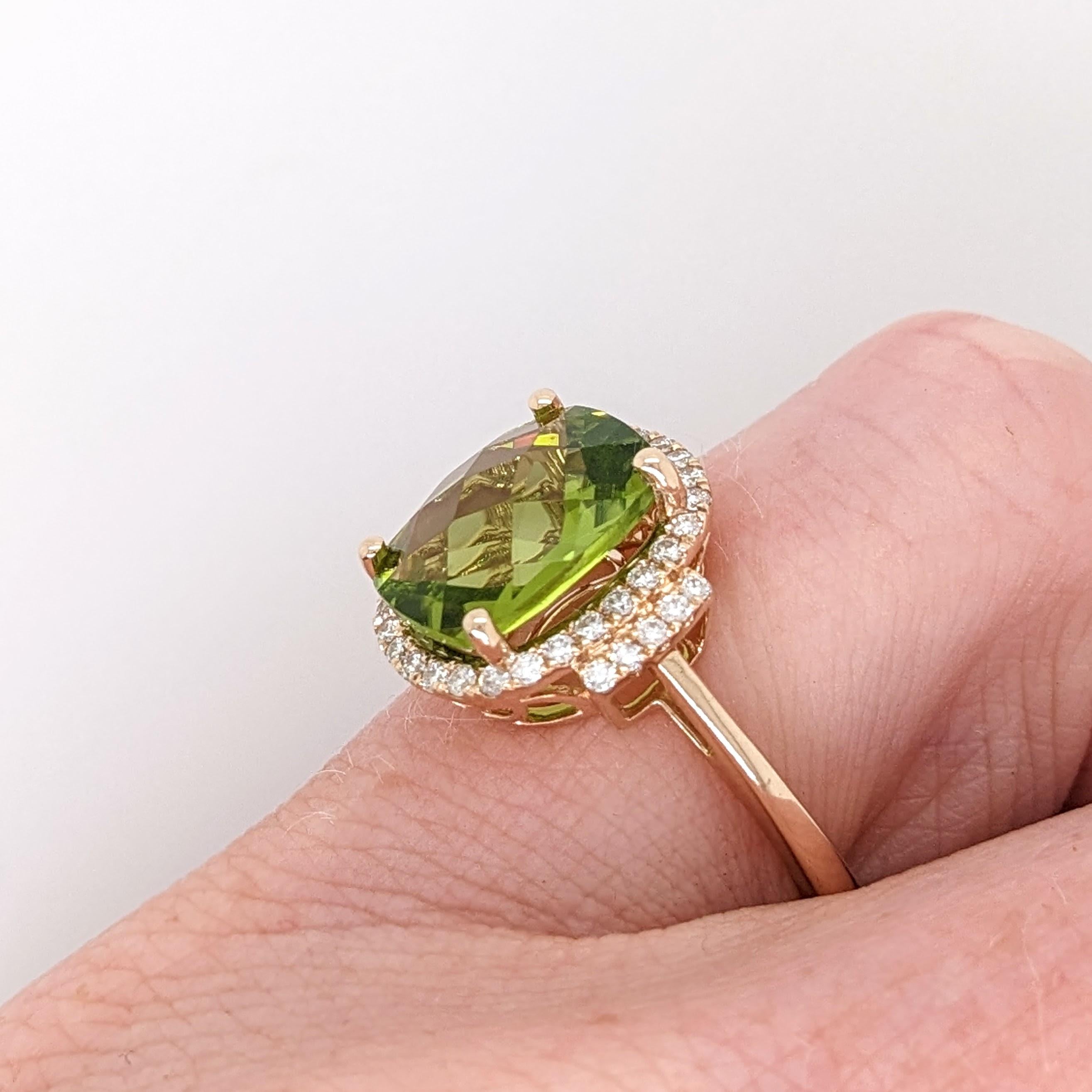 Art Deco 3.9ct Peridot Statement Ring w Natural Diamonds in Solid 14K Gold Cushion 11x9mm For Sale