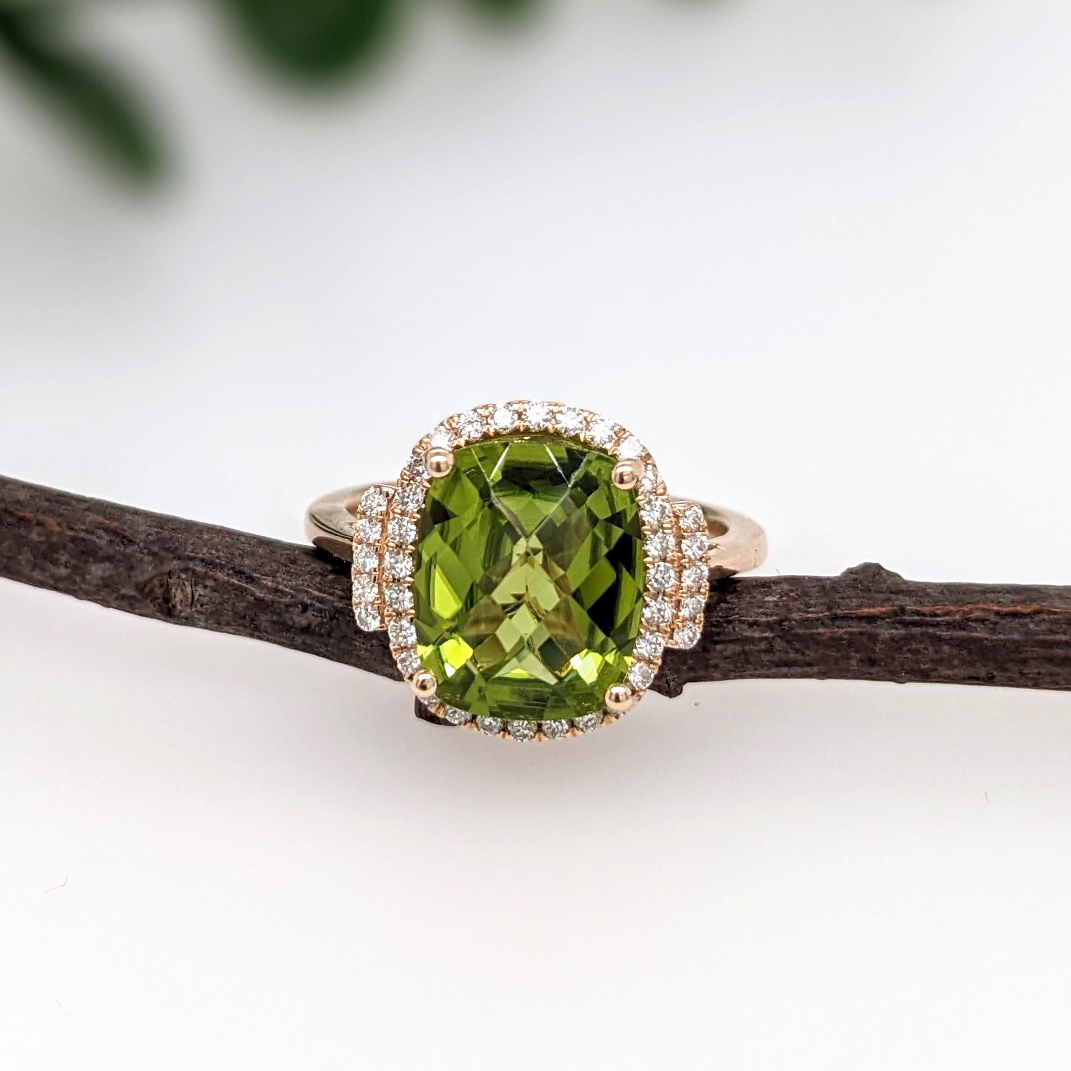 Cushion Cut 3.9ct Peridot Statement Ring w Natural Diamonds in Solid 14K Gold Cushion 11x9mm For Sale