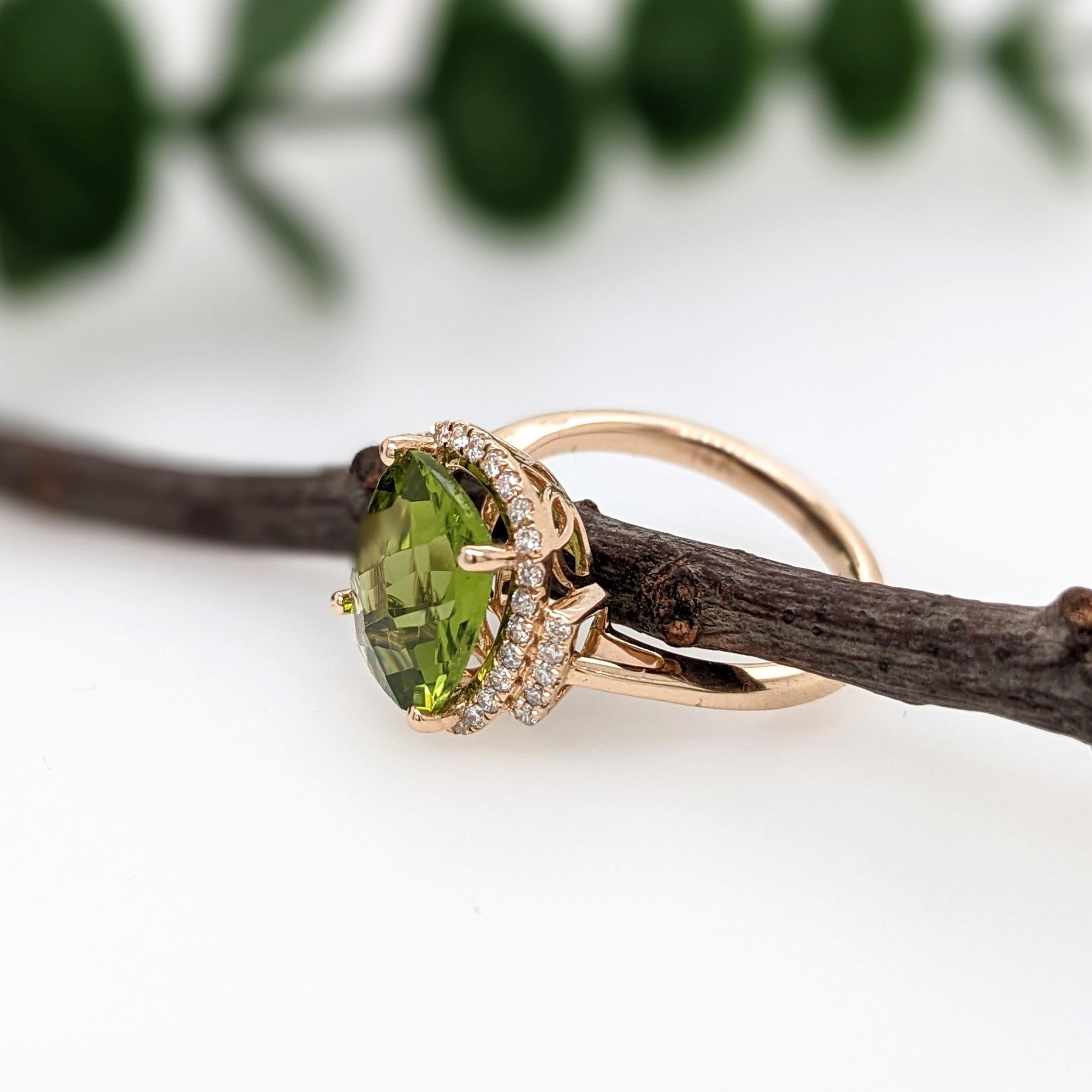 3.9ct Peridot Statement Ring w Natural Diamonds in Solid 14K Gold Cushion 11x9mm In New Condition For Sale In Columbus, OH