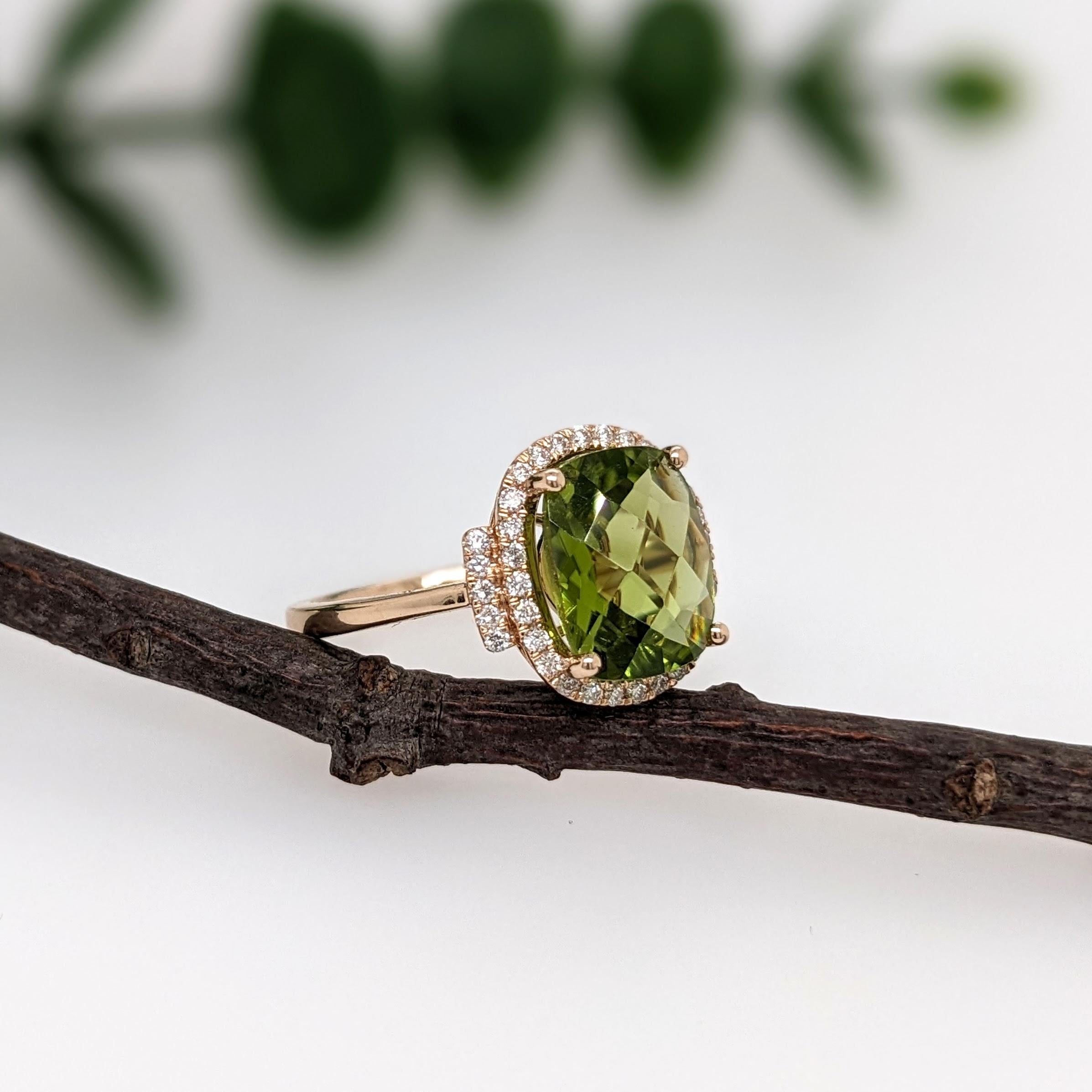 3.9ct Peridot Statement Ring w Natural Diamonds in Solid 14K Gold Cushion 11x9mm For Sale 2